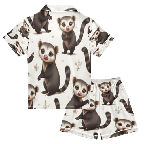Satin Pajama Sets Short Sleeve Cute Opossum Raccoon Button Down Silky Nightwear 2 Piece PJS 5-14Y2