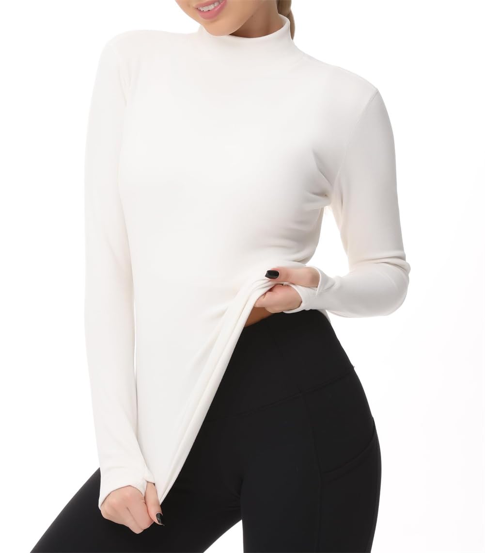 Camicie termiche da donna a maniche lunghe con collo alto, in pile, a maniche lunghe, girocollo, Beige, S