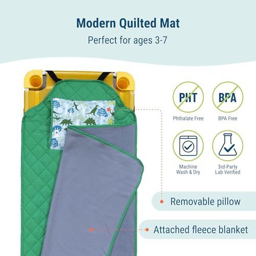 Image of Wildkin Modern Kids Nap Mat with Pillow for Boys - Cotton Blend, Elastic Straps, Toddler Sleep Mat for Daycare, Preschool, Kindergarten & Travel, Ages 3-7, Machine Washable - Dinomite Dinosaurs