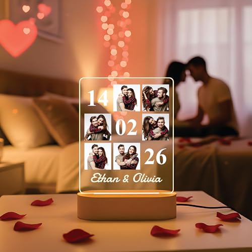 Image of Giftplease Customized Acrylic LED Photo Plaque with Wooden Base | Personalized Anniversary & Valentine's Day Gift | 6-Photo Collage Night Light with Special Date & Names | Warm Glow Home Decor