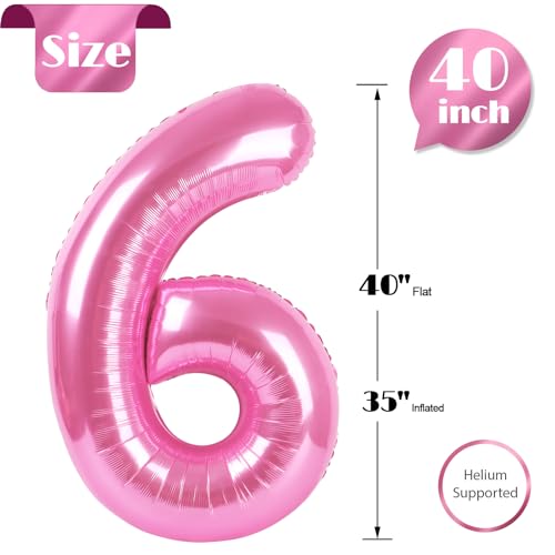 Image of Pink Number 6 Balloon 40 Inch, 6th Birthday Party Decorations, Giant 6 Foil Balloon for Party Supplies