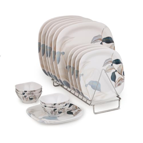 Image of Golden Fish Melamine Square Dinner Set of 18 (6 Plates + 6 Veg Bowls + 6 Half Plates) | Blue-Grey Botanical Leaf Print | Unbreakable, Dishwasher & Microwave Safe