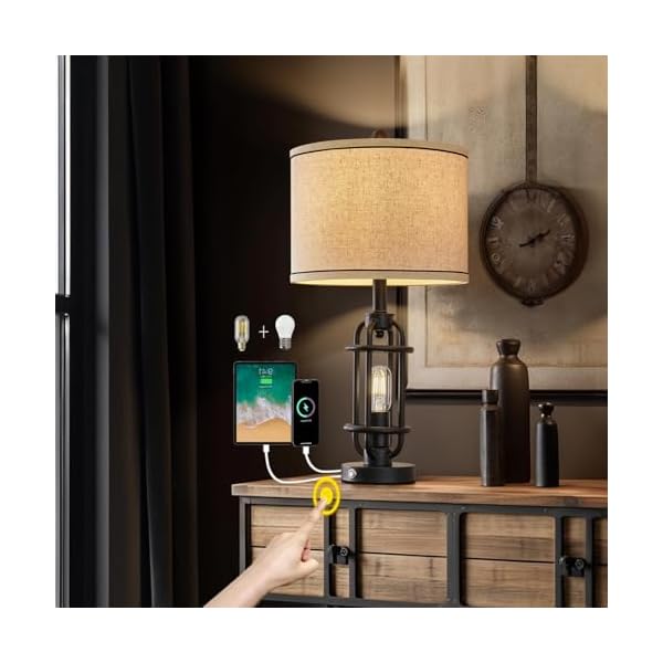 2375 industrial black metal table lamps living room lamp for nightstand single bedside end lamp home decor touch lamp modern lamps with usb ports  urban country home decor
