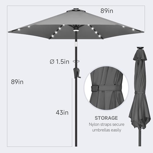 FLAME&SHADE 7.5 ft Solar Powered Outdoor Market Patio Table Umbrella with LED Lights and Tilt, Anthracite