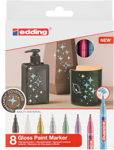 edding 751 Glanzlackmarker Set - schwarz weiß gold silber blau grün violett pink (metallic) - 8 Stifte - Rundspitze 1-2mm - Lackstift für Glas Stein Holz Kunststoff Papier - wasserfest, stark deckend
