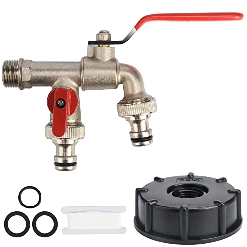 Wasserhahn Garten,Ibc Tank Zubehör/Doppel Auslaufhahn 1/2' Messing Ibc Auslaufhahn -Kugelauslaufhahn für Regentonne rost & frostbeständig