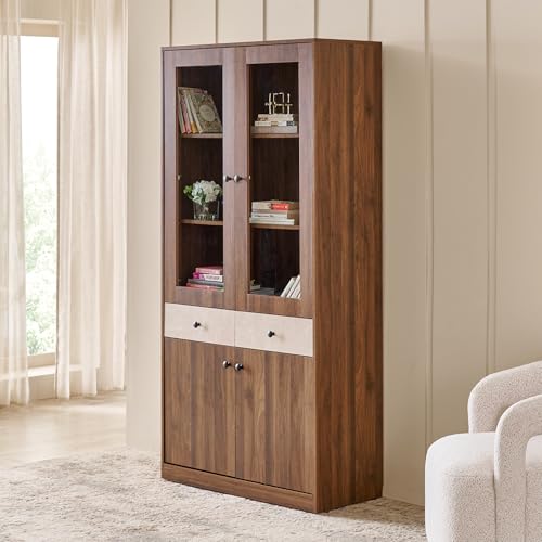 Image of Home Centre | Addison 4-Door Book Cabinet with Drawers | Engineered Wood | Brown | 1 Year Warranty
