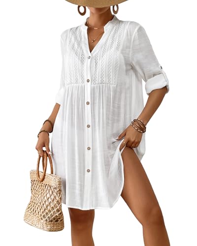 Bsubseach Women Beach Cover Ups V Neck Button Down Swimsuit Coverup Summer Swim Long Sleeve Cover Up Dress
