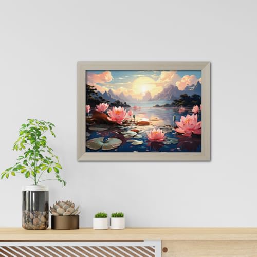 Image of TenorArts Red Lotus Photo Frame Vastu Positivity Aesthetic Wall Painting Lucky Art Framed with White Wooden Texture for Living rooms Office Bedroom - Wall Paintings /Hangings (12inches x 9inches)