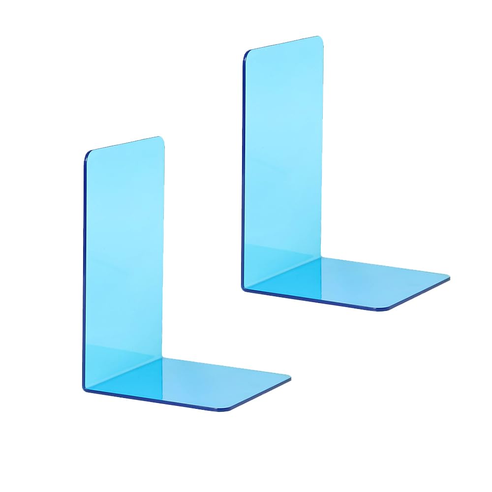 2PCS Acrylic Bookends, 12x12x17.5CM Clear Acrylic Book Stand, Desktop Book Organizer for School Home Office, Light Blue