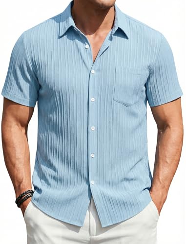 Enlision Camisa Hombre Azul Manga Corta Formales con Bolsillo Camisas Vestir Verano de Ocio Hombre Ajuste Regular XL