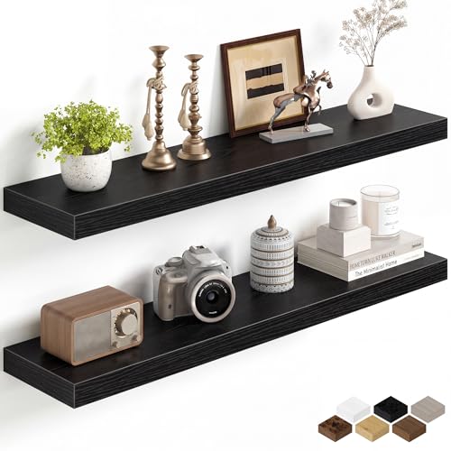 Image of Fun Memories 36Inch Floating Shelves for Wall, 8 Inch Deep Shelves for Bathroom|Bedroom|Kitchen, Large Wall Mounted Wood Hanging Shelf with Invisible Brackets for Home Storage Decor, Black - 2 Pack