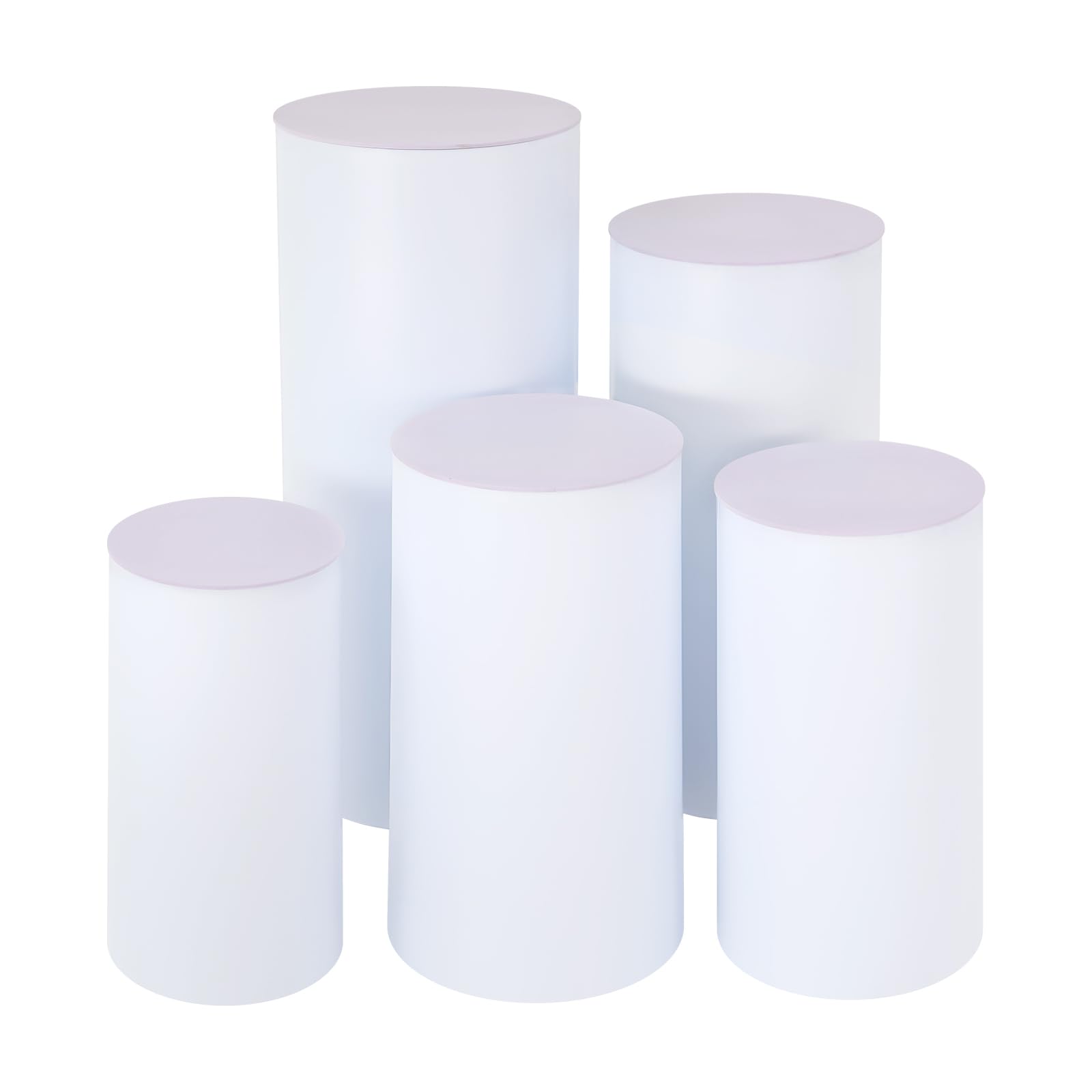 5 unidades de 50 – 90 cm, base cilíndrica blanca con capacidad de carga de 33 kg por pieza, soporte cilíndrico apilable de acrílico/PVC, base redonda para fiestas y cumpleaños, sistema de soporte