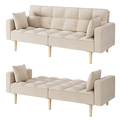 Senfot 78" W Upholstered Linen Couch Sofa, Modern Futon Convertible, Sleeper Sofa With Button Tufted Design And Thicken Wood Leg In Beige #TOP5