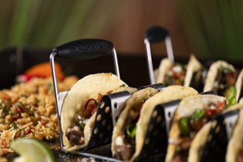 Blackstone 5551 Deluxe Holder Stand Pack Of 2 Stainless Steel Racks With Heat Resistant Handles-One Tray Holds 6 Tacos-Dishwasher Safe, Black/Silver #TOP5