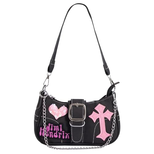 Y2K Bolsa vintage estilo punk gótico, bolsa de ombro feminina moda rock Y2k bolsa anos 2000, estilo descolado, bolsas transversais vintage modernas para mulheres (preto)