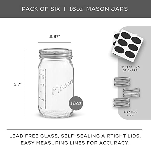16 Oz Mason Jars With Lids, Labels and Measures! 6Pack Regular Mouth