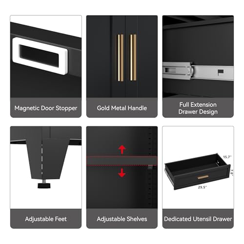 Image of COFaR 71 inch Metal Pantry Cabinet with Drawer, Black Storage Cabinet with Adjustable Shelves, 3-Section Industrial Cupboard for Kitchen & Office