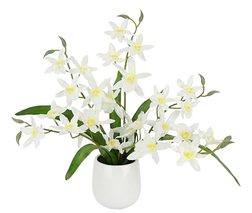 Kunstblume Orchidee Dendrobium 38cm mit Blätter im Übertopf Künstliche Blume Kunstorchidee künstliche Phalaenopsis wie echt Orchideenzweige Kunstpflanze Pflanze Hochzeit Deko Seidenblume Blüte, weiß
