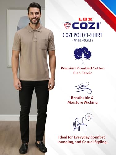 Image of Lux Cozi Men's T-Shirt with Chest Pocket | Polo T-Shirt for Man | Plain Casual Stylish | Half Sleeve| Cotton Blend Collar Polo T-Shirts for Men
