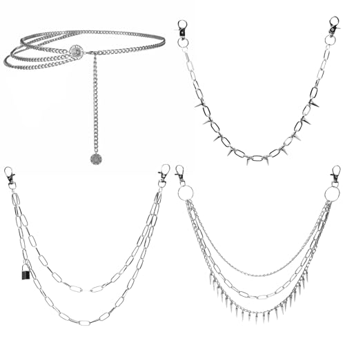 4 Pcs Multilayer Metal Waist Chain Belt for Women, Jean Pants Chain Adjustable Women Long Belt Body Belly Jewelry for Dresses Jeans Trousers wallet