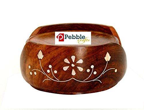 Image of Wooden Round Drink Coasters Set of 6 with Decorative Holder | Tabletop Coasters for Tea Coffee Cups Mugs Beer Cans Bar Glass for Office Home