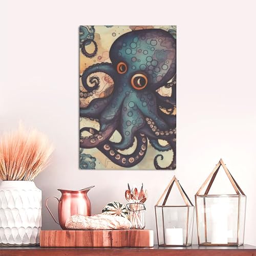 Impression sur toile rétro pieuvre grand réalisme pour salon élégant