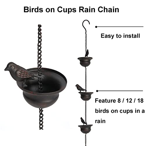 Jemeni 12 Feet Mobile Birds on Cups Rain Chain for Outside, Rain Chains for Gutters Downspouts, Dark Bronze