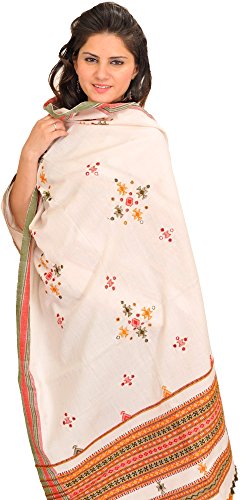 Image of Exotic India Women's Kutch Wool Shawl (SHV95--beige)