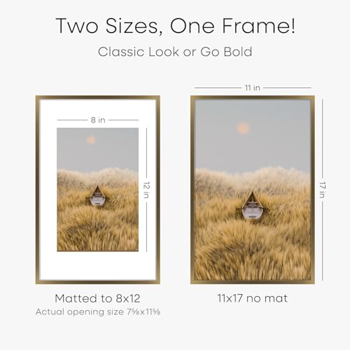 Image of Homeforia 11x17 Bronze Picture Frame, High End Metal 11x17 Brass Poster Frames with Mat 8x12 for Photo, 11 x 17 Frame Matted to 8 by 12 inch Print, 17x11 Thin Frame, Tempered Glass, Wall Kit, Set of 2