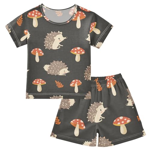 ALAZA Hedgehog Cartoon Mushroom Retro Pajamas Short Sleeve 2 Piece Sleepwear Top and Bottom Pajama Set Unisex