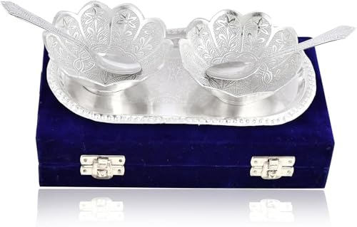 Image of Bowl Spoon Tray Set Silver Plated Dessert Dry Fruits Serving Diwali Christmas Eid Wedding Return Gifts Friends Family Housewarming Home Decoration Corporate (CKMSP)
