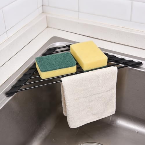 prota Dreieckiges Abtropfgestell Geschirr, Klein Faltbare Edelstahl Abtropfmatte, Geschirrabtropfgestell mit Silikonbeschichtung, Abtropfgitter Spüle für Tassen Obst Gemüse, Küche Organizer