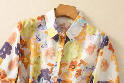 Image of Gufrina Women Mustard Multicolor Floral Print Button-Down Shirt with Elbow Sleeves and Collar Neck in Breathable Fabric Ideal for Casual wear and Relaxed Styling