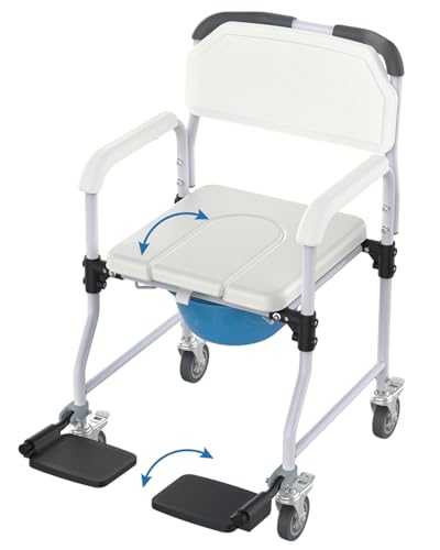 Sulago Bedside Commode Chair with 4 Lockable Wheels 3 in 1 Wheelchair for Bathroom Portable Toilet with Arms Padded Seat Footrests Backrest for Elderly Disabled Handicap & Seniors