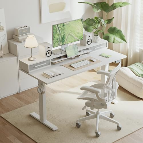 Image of Agilestic 63 Inch L Shaped Electric Standing Desk with Shelf, Height Adjustable Large Desk with Power Outlets & LED, Corner Sit Stand Up Table with Monitor Stand, Computer Workstation, Ivory