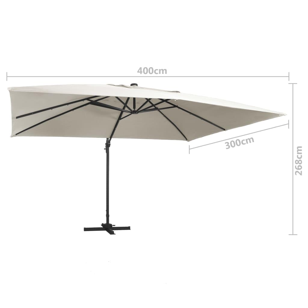 Homgoday Sombrilla voladiza Luces LED y Poste Aluminio Arena 4x3 m Sombrilla de Jardín,Protección UV Sombrilla Jardín Grande Orientable Jardín Parasol Balcón