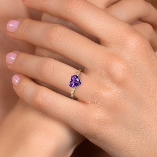 Gem Stone King 14K Two Tone Gold Heart Shape Gemstone Birthstone and Lab Grown Diamond Engagement Ring | Heart Shape 8MM and Round 1.3MM | Wedding Anniversary Promise Gold Ring For Women | Size 5 to 94