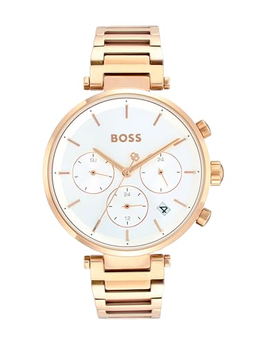Image of BOSS Majesty Sport Qtz Multifunction Silver White Round Dial Women's Watch|Ionic Plated Rose Gold Steel Material|Gold Color Band - 1502774