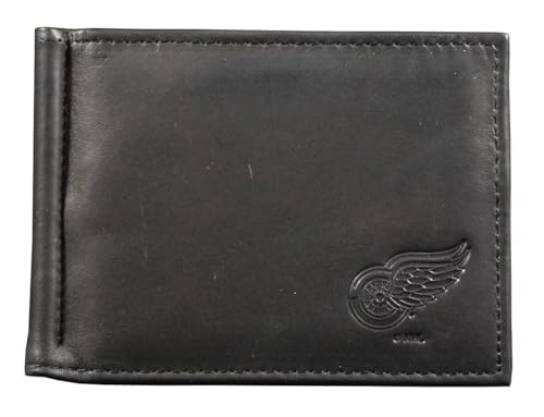 Detroit Red Wings Hockey RFID Blocking Shield Black Leather Moneyclip Wallet