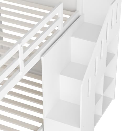 Dolamaní Hochbett Etagenbett 2 Kinder 90x200 cm mit Treppe, Kinderbett Mit & Schließfächern & Rausfallschutz, Kinderzimmer kinderhochbett, Stockbett für Mädchen Junge, Weiß