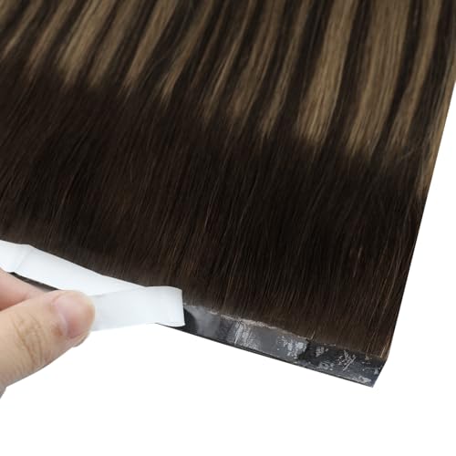 Image of Full Shine Tape in Weft Hair Extensions Human Hair 20 Inch Color 2 Dark Brown to 8 Ash Brown and 2 Dark Brown Seamless Genius Weft Hair Extensions 4PCS Straight Soft and Silky 120g