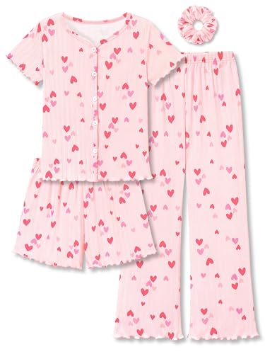 Beezizac Girls Pointelle Knit Button Up Pajama-Pink Heart Tee Shorts Wide-leg Pants Scrunchie 4-pc PJs Set Size 14