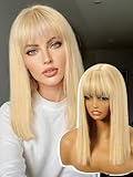 KOME Light Blonde Bob Wig with Bangs, Short Straight Hair Wigs for Women,Synthetic Heat Resistant Natural Looking Hair Wig for Party Cosplay Dality Use 12IN