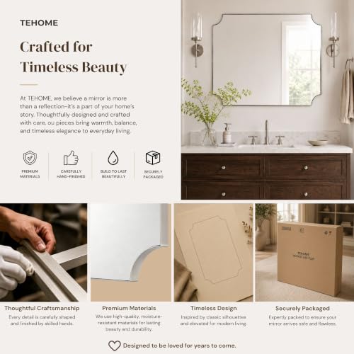 Image of TEHOME Brushed Nickel Scalloped Bathroom Mirrors, 24x36'' Silver Metal Framed Vanity Mirror for Bathroom