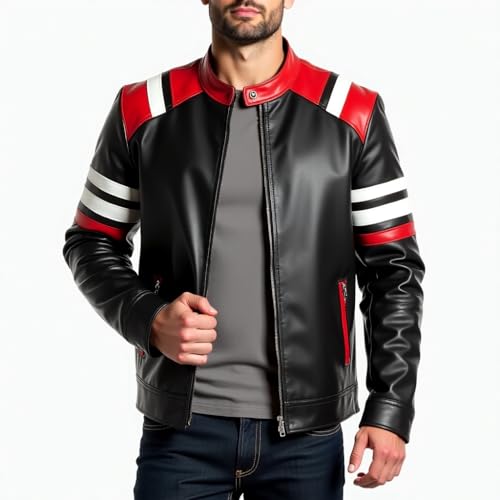 Chaqueta de Cuero Negra para Hombre con Rayas Rojas y Blancas miniatura 2