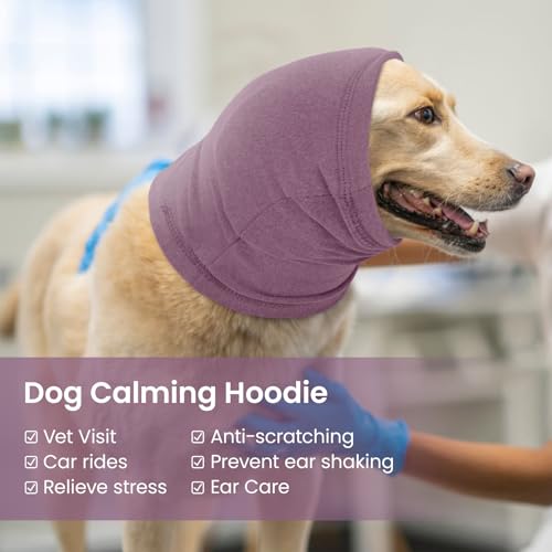 Image of BRKURLEG Dog Calming Hoodie, Ear Muffs for Noise Protection, Dog Head Cover Sleeves Ears Covers, Pet Ear Covers Hood for Anxiety Relief, Hematoma, Grooming and Force Drying, Purple, L