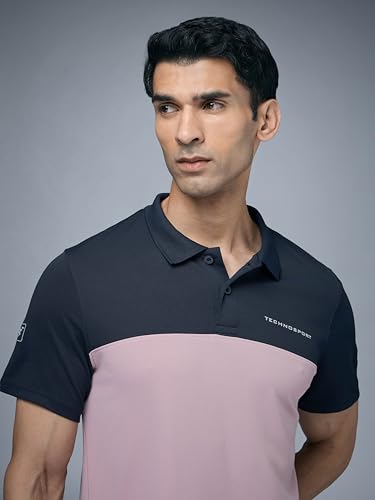 Image of TECHNOSPORT Men's Slim Fit Color Block Half Sleeve Polo Neck T-Shirt with Technocool+, UPF50+ Sun Protection for Gym, Sports & Regular Use