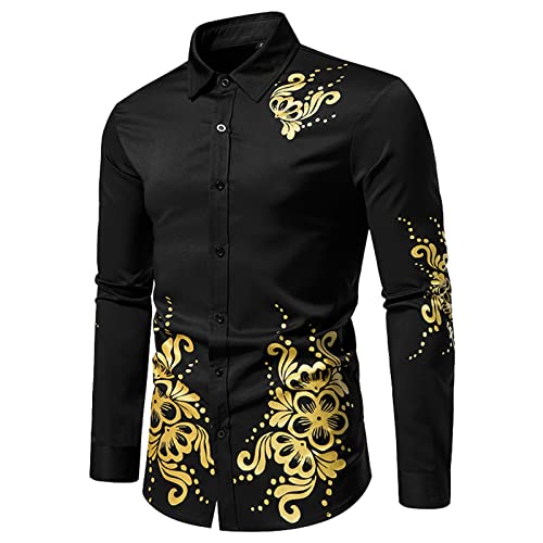 Rrongwn Camisa de hombre con estampado floral de manga larga camisa estampada personalizada para hombre otoño slim manga larga oro negro camisa hombre social hombre club fiesta camisa, Negro , XL