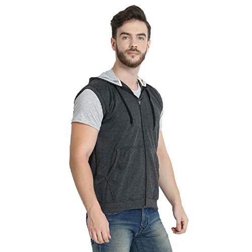 Image of Teemoods Men's Cotton Fleece Sleeveless Hooded Jacket - Casual Zip Up Vest for Gym Workout, Running, Aerobics, Yoga - Regular Fit with 2 Pockets